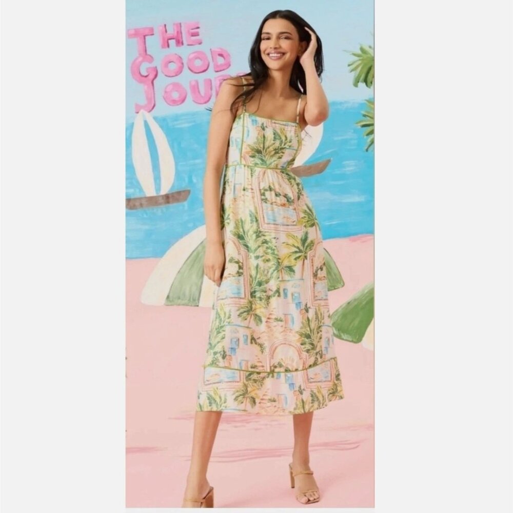 NWT The Good Journey Sleeveless Tropical Postcard Print Midi Dress 10